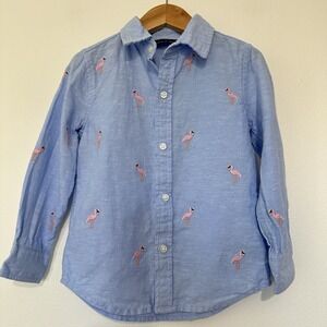 Janie and Jack Blue Linen Blend Button Down Embroidered Flamingos Boys 3 Easter